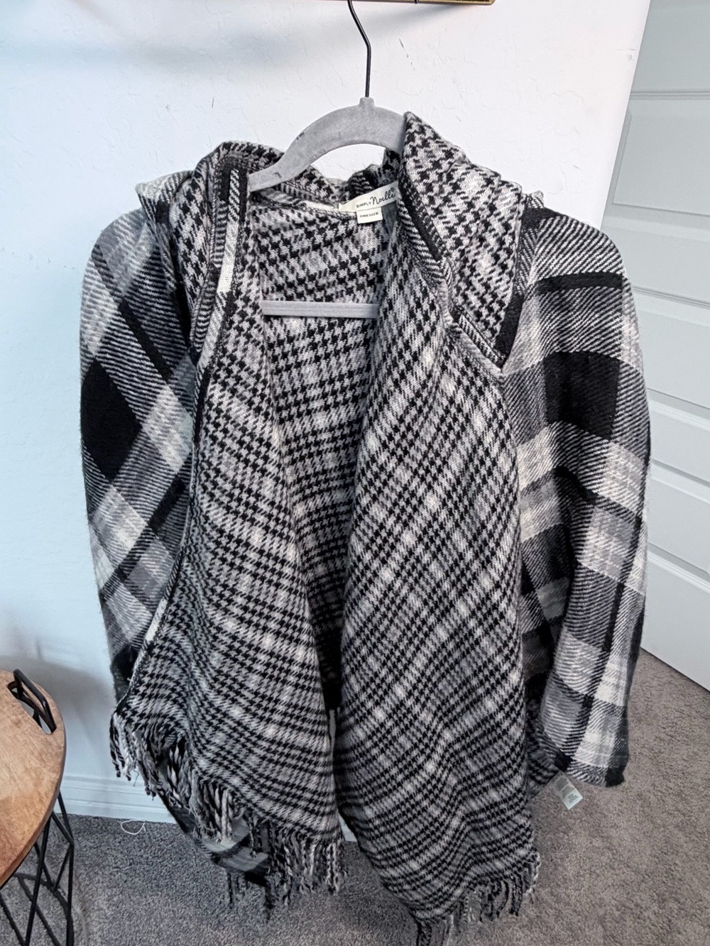 Cozy Black & White Plaid Hooded Wrap Scarf